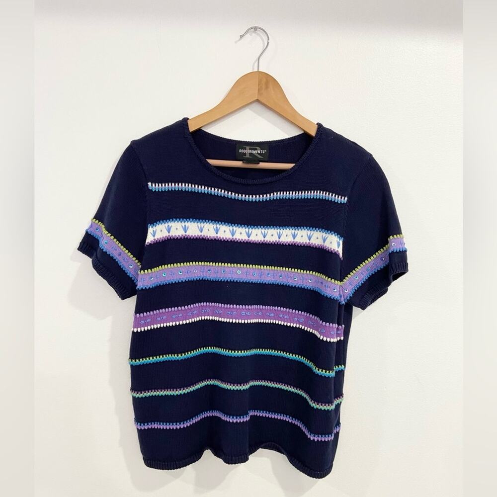 Requirements Navy Short-Sleeve Knit Sweater with Multicolor Stripes